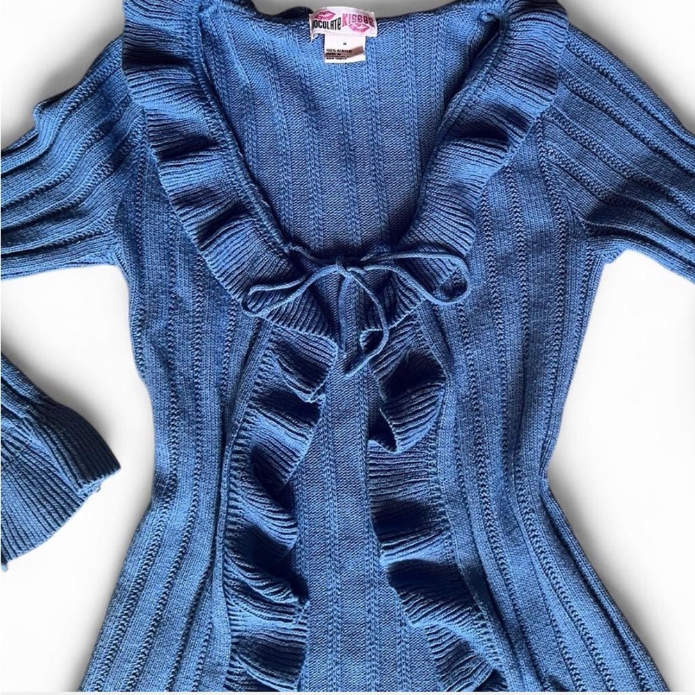 Y2K 90’s Vintage Dusty Blue Ribbed Ruffle Cardigan W/ Optional Tie-Front. - Picture 2 of 10